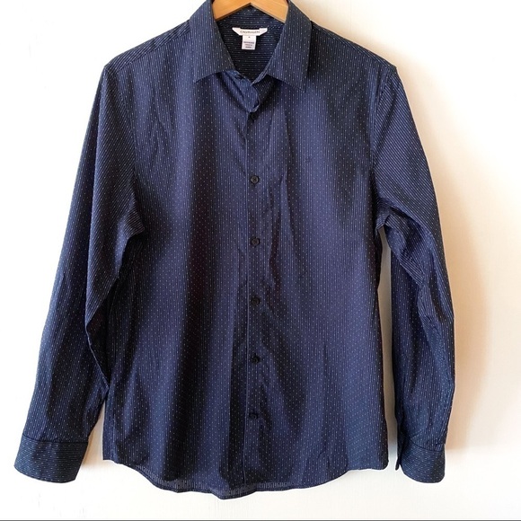 Calvin Klein Men’s Navy Embroidered Striped Long Sleeve Button Down Shirt Medium - Picture 1 of 6